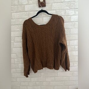 SO Women's Brown Cable Knit Sweater Stretchy lace up back Sz XL #1892